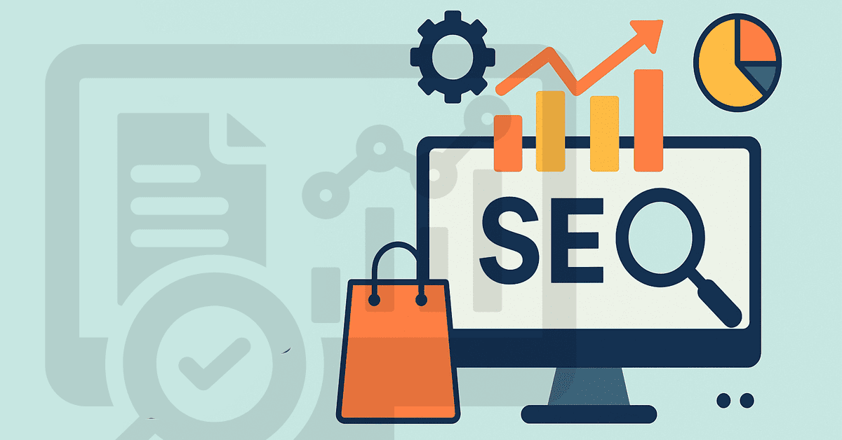 Flat design illustration showing SEO icons on a computer screen with graphs, magnifying glass, shopping bag, and pie chart, symbolizing ecommerce and digital marketing tools for 2026.
