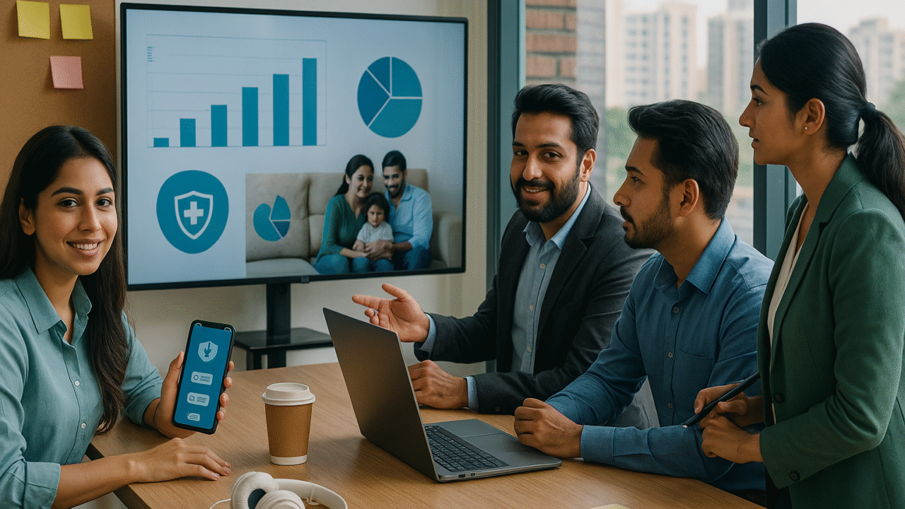 Four South Asian marketing professionals in a modern office discussing health insurance engagement strategies with charts on a screen and a phone.