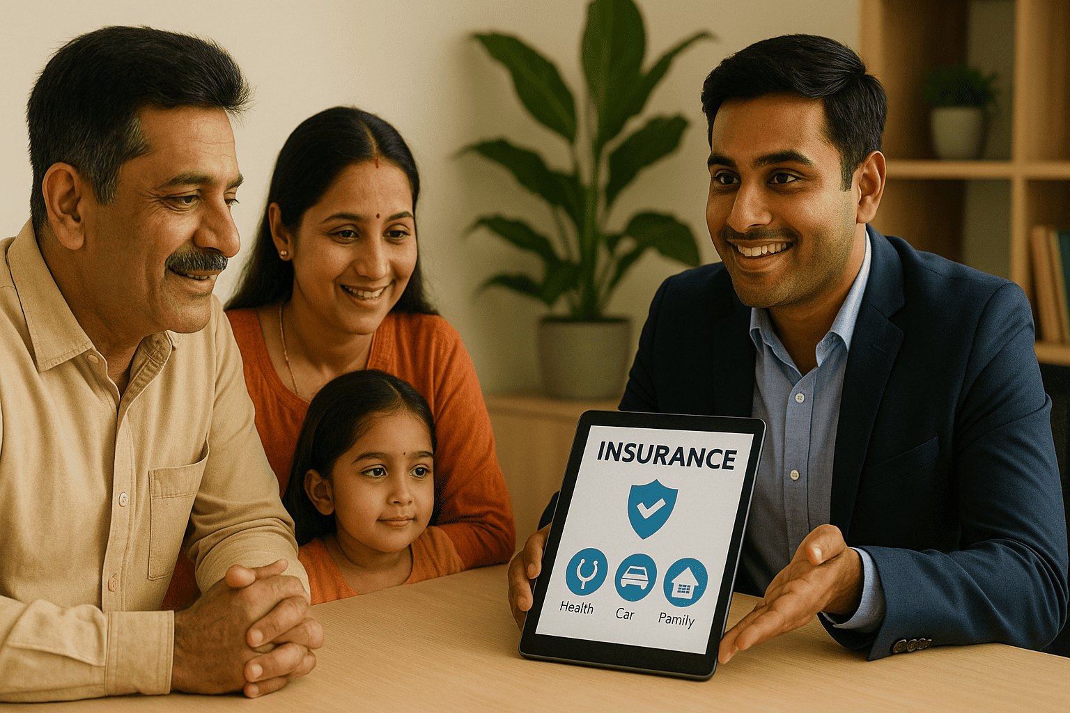Insurance agent presenting policy options to an Indian family using a tablet.