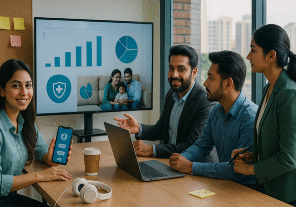 Four South Asian marketing professionals in a modern office discussing health insurance engagement strategies with charts on a screen and a phone.