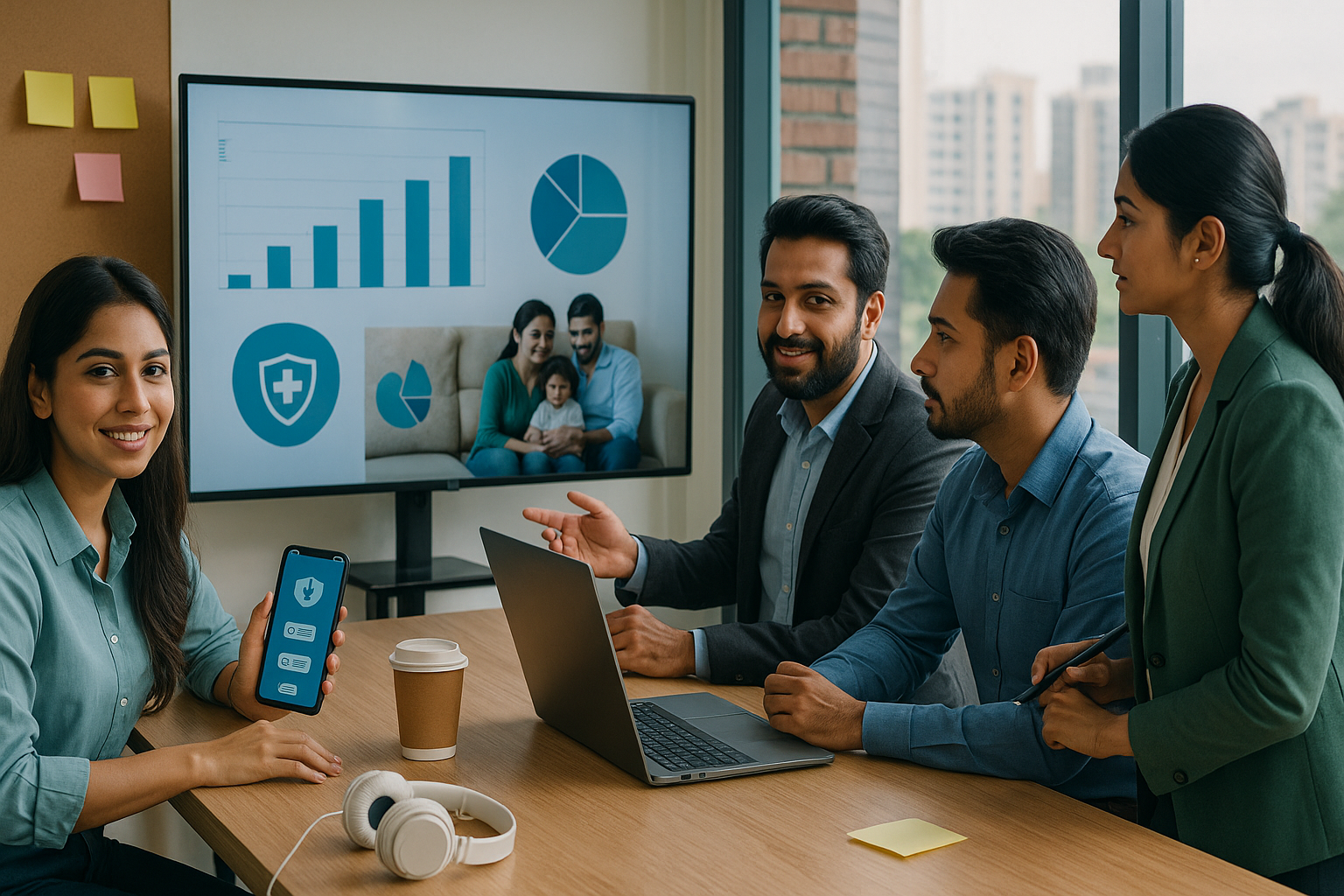 Four South Asian marketing professionals in a modern office discussing health insurance engagement strategies with charts on a screen and a phone.