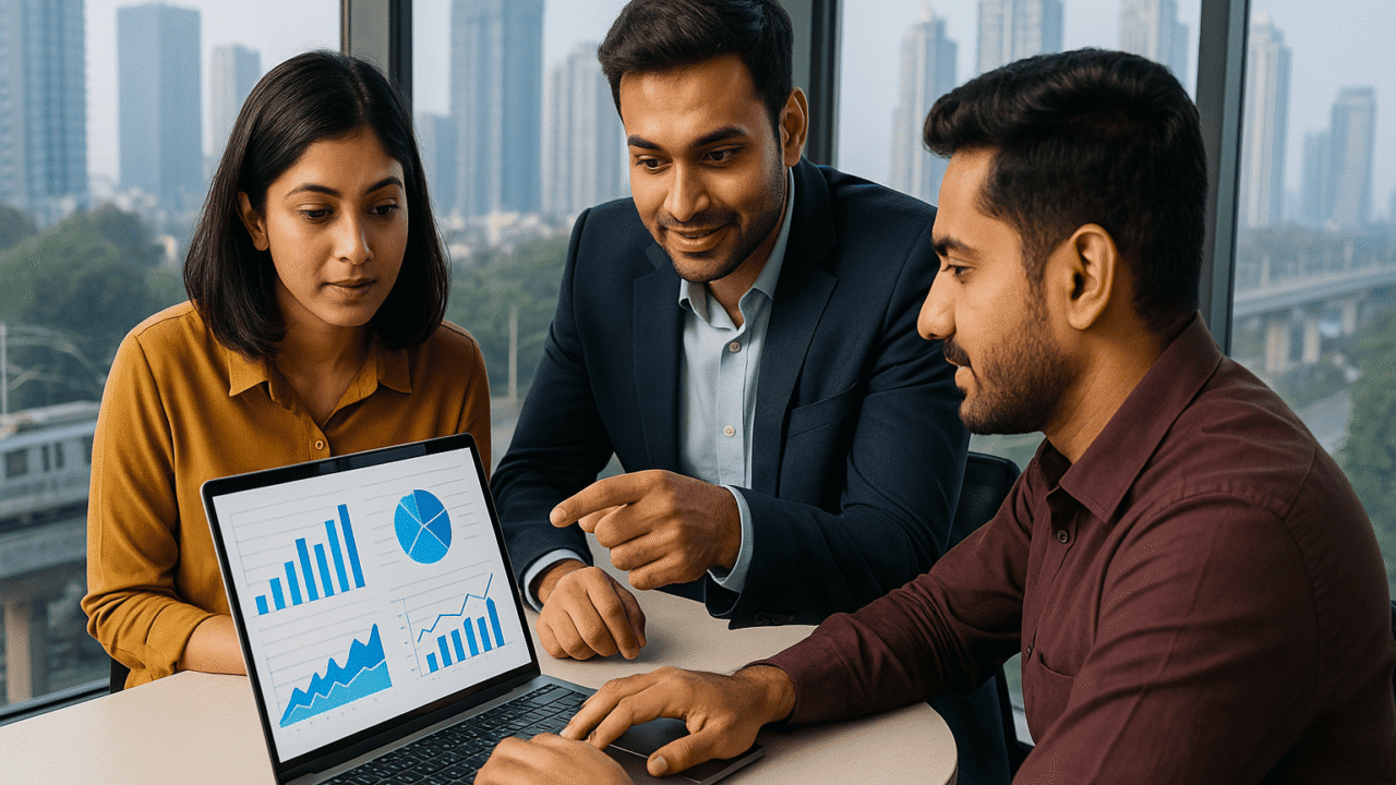 Team reviewing SEO performance charts on a laptop during a marketing meeting in Noida.