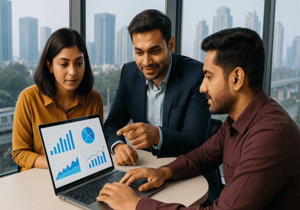 Team reviewing SEO performance charts on a laptop during a marketing meeting in Noida.