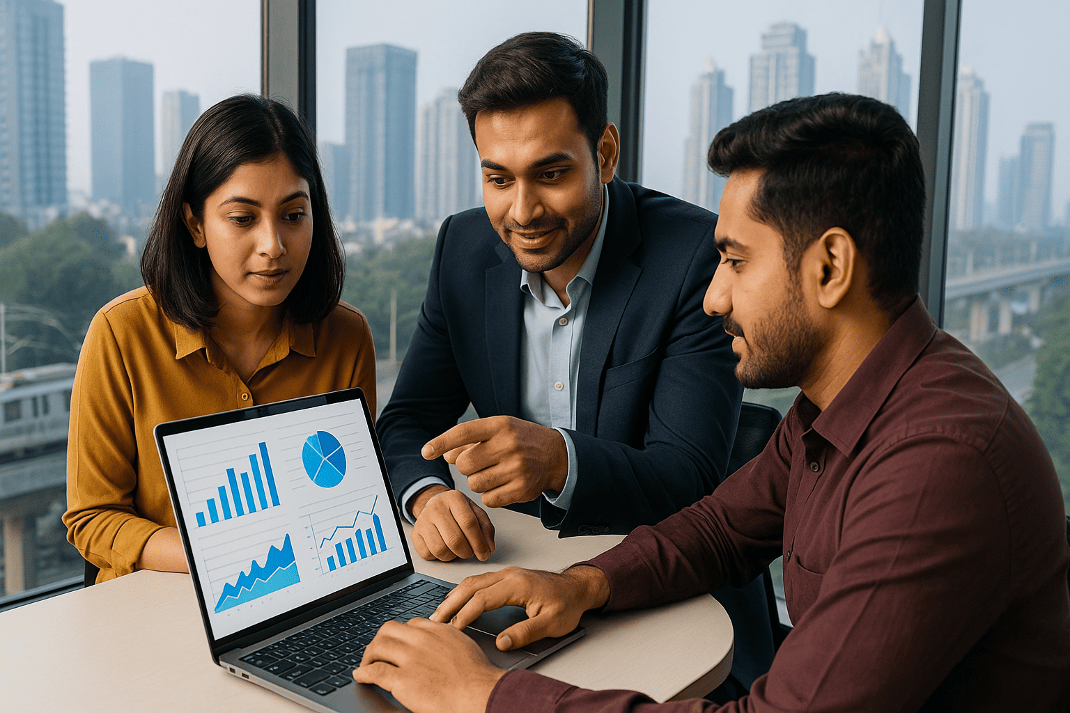 Team reviewing SEO performance charts on a laptop during a marketing meeting in Noida.