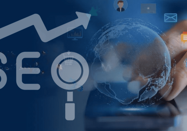 SEO concept showing global digital marketing and website optimization with growth graph and magnifying glass icons.