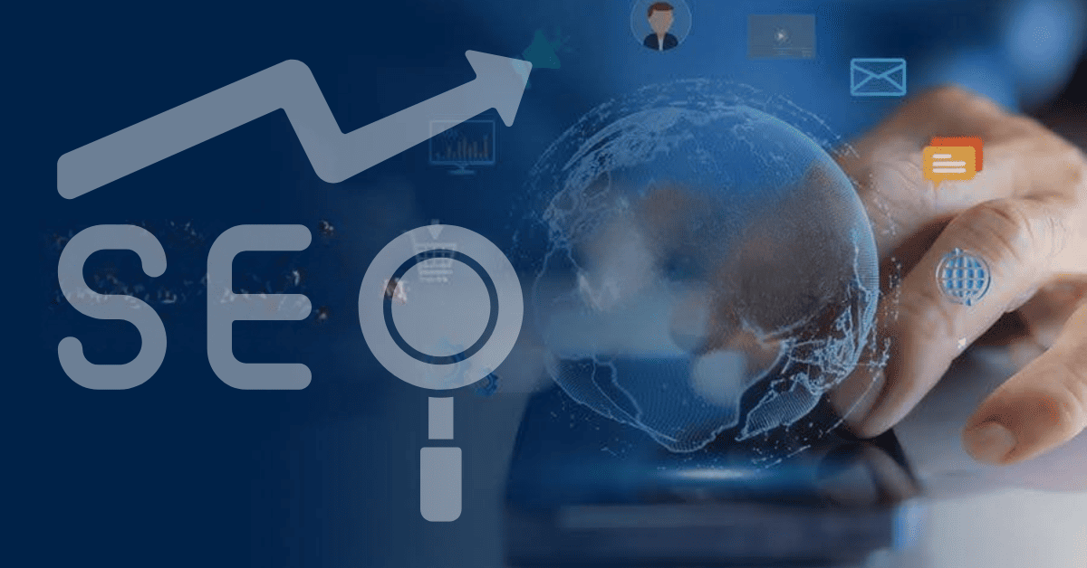 SEO concept showing global digital marketing and website optimization with growth graph and magnifying glass icons.