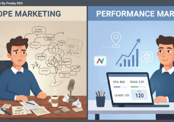 Side-by-side illustration comparing hope marketing with performance marketing, showing a confused marketer versus a data-driven marketer achieving measurable results.