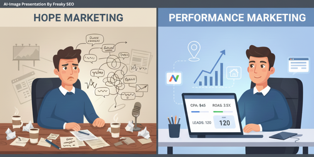 Side-by-side illustration comparing hope marketing with performance marketing, showing a confused marketer versus a data-driven marketer achieving measurable results.