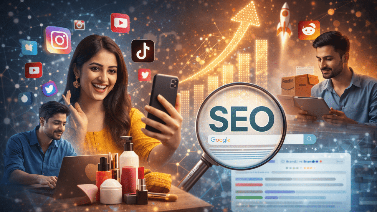 South Asian influencer filming on phone with SEO analytics and social engagement visuals representing social signals in search.