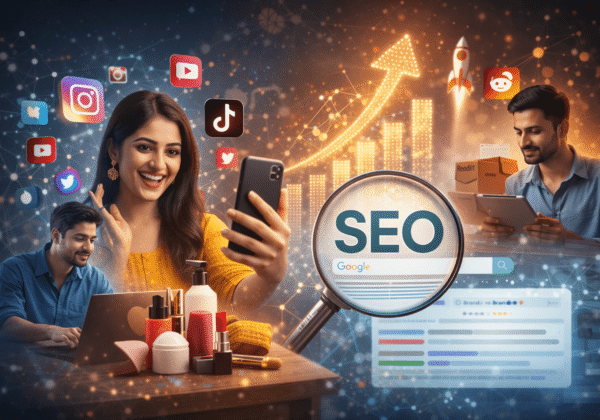 South Asian influencer filming on phone with SEO analytics and social engagement visuals representing social signals in search.