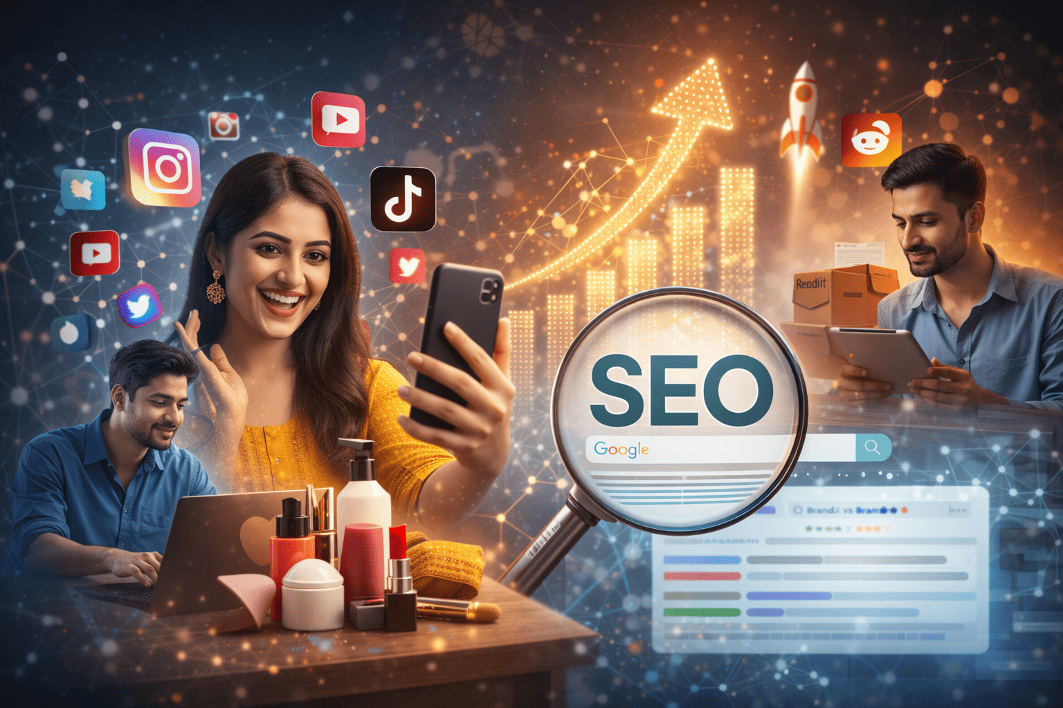 South Asian influencer filming on phone with SEO analytics and social engagement visuals representing social signals in search.