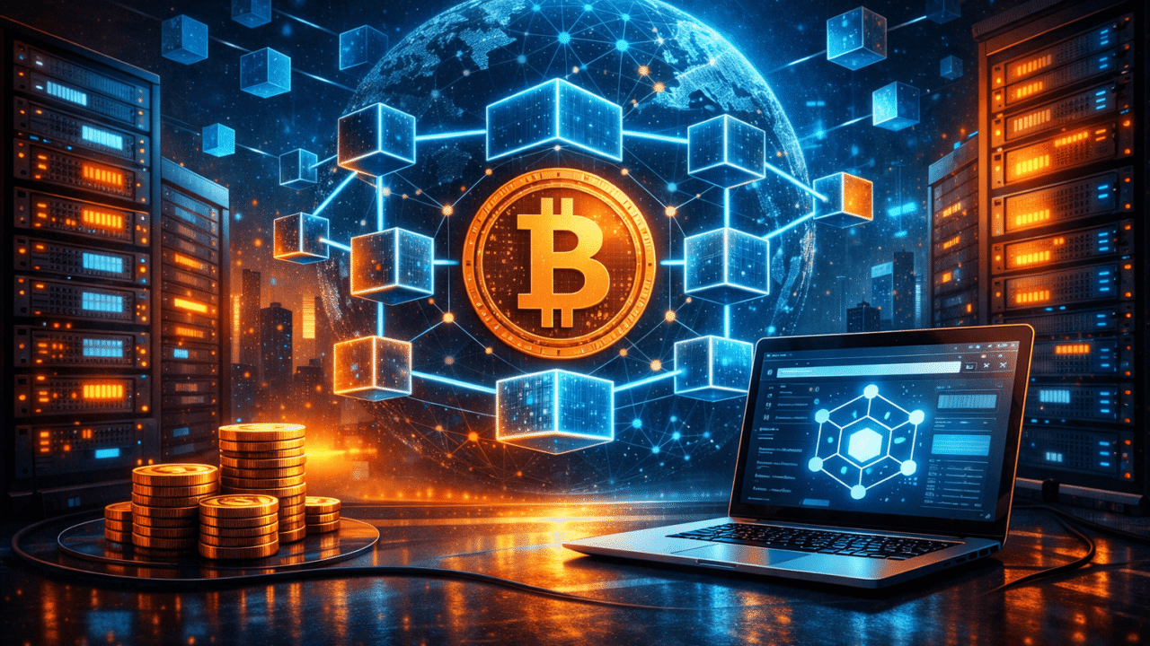 Illustration of blockchain web hosting with connected digital blocks, servers, laptop, and global network