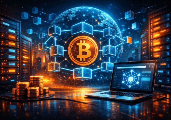 Illustration of blockchain web hosting with connected digital blocks, servers, laptop, and global network