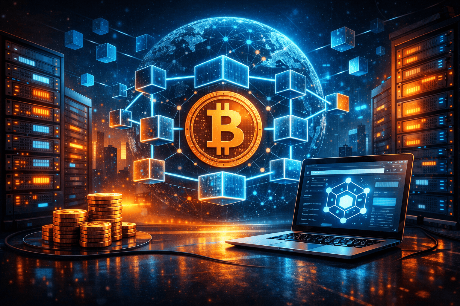 Illustration of blockchain web hosting with connected digital blocks, servers, laptop, and global network