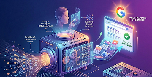 Illustration of an AI-powered content engine creating structured SEO content with brand voice, schema, internal linking, and Google-friendly publishing workflow