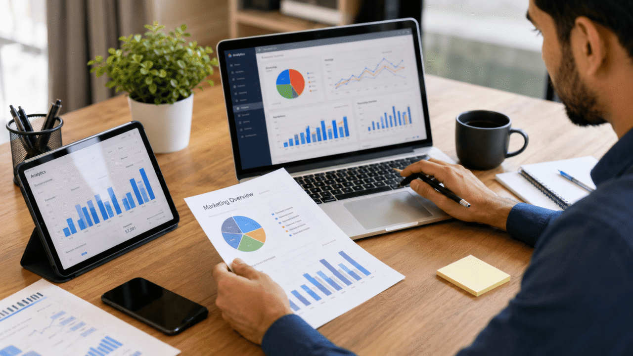 Digital marketer analyzing website performance, SEO, Google Ads, and business growth data on a laptop and tablet