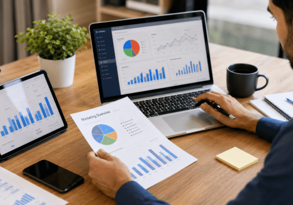 Digital marketer analyzing website performance, SEO, Google Ads, and business growth data on a laptop and tablet