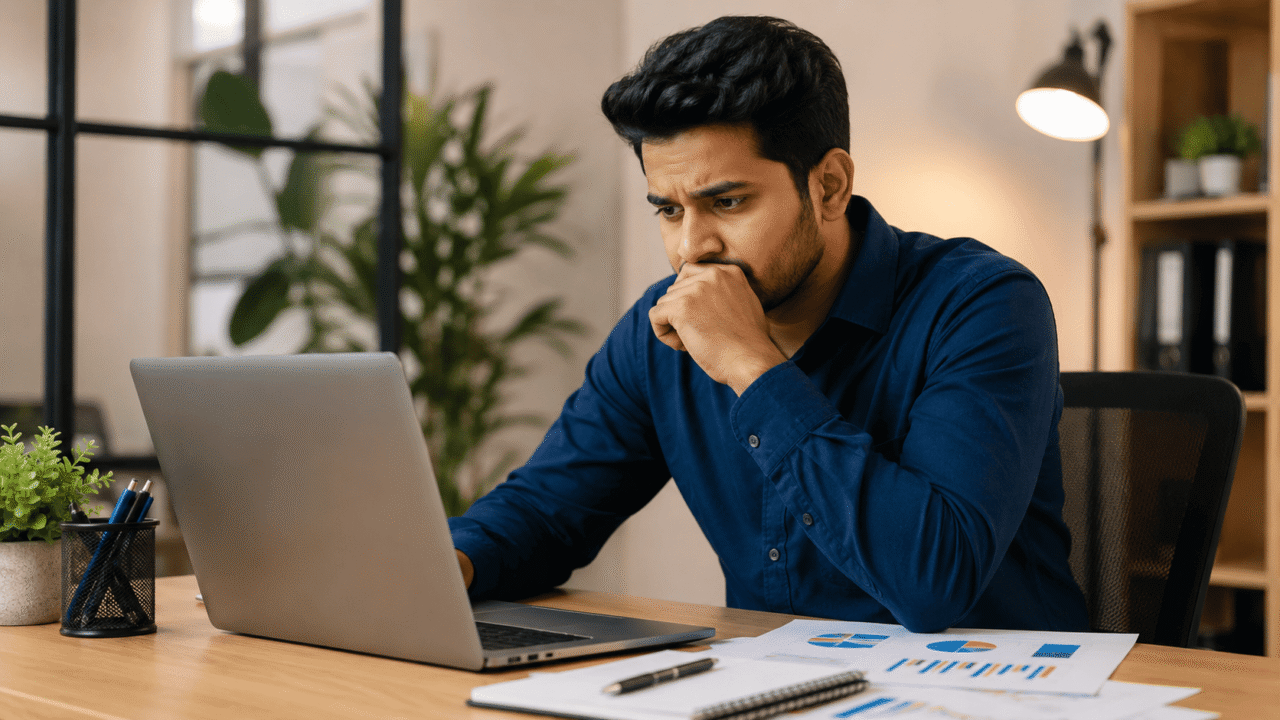 Indian business professional reviewing website analytics to understand high traffic and low sales conversions.