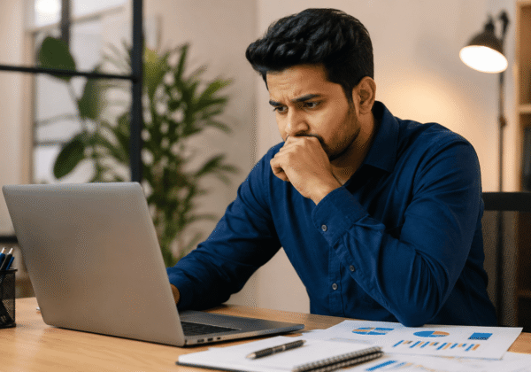 Indian business professional reviewing website analytics to understand high traffic and low sales conversions.