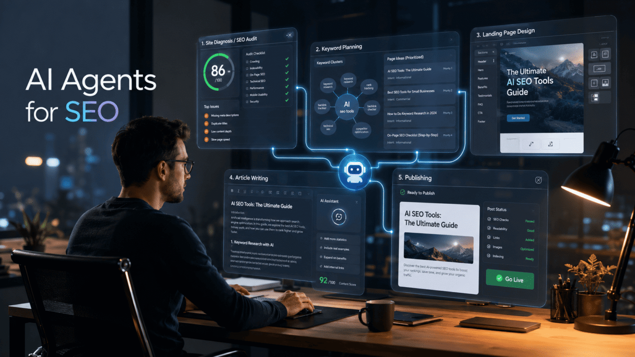 SEO professional working at a desk with futuristic AI dashboards showing site diagnosis, keyword planning, landing page design, article writing, and publishing workflow.