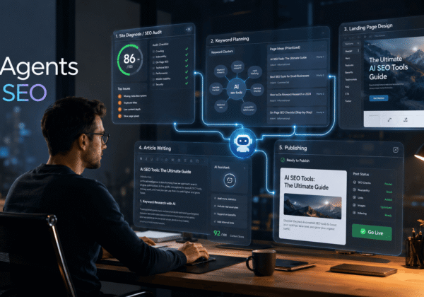 SEO professional working at a desk with futuristic AI dashboards showing site diagnosis, keyword planning, landing page design, article writing, and publishing workflow.