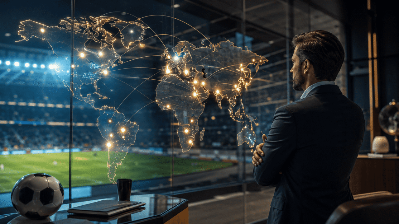 Business professional analyzing a global digital map and sports market connections in a modern office, representing hyper-local link-building strategies for iGaming brands.