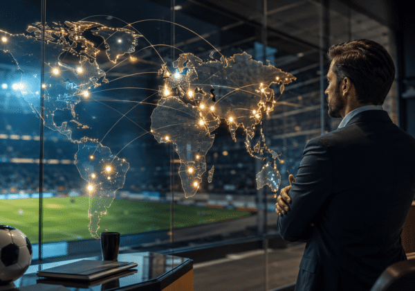 Business professional analyzing a global digital map and sports market connections in a modern office, representing hyper-local link-building strategies for iGaming brands.