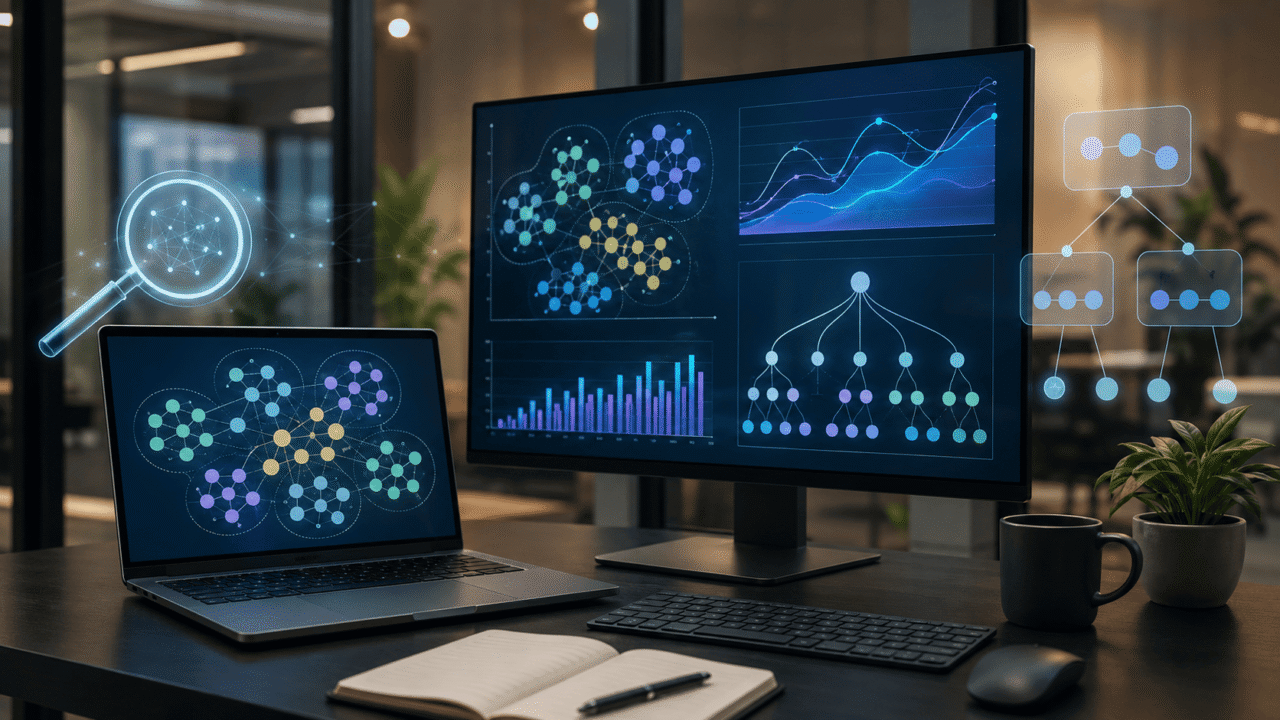 SEO workspace displaying keyword research clusters, search trend charts, and keyword mapping diagrams.