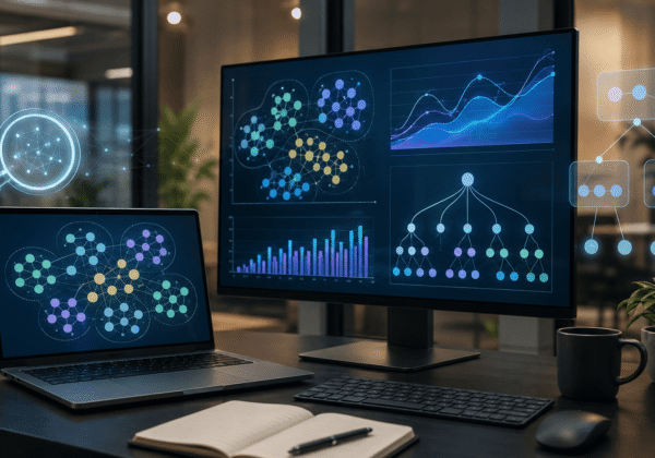 SEO workspace displaying keyword research clusters, search trend charts, and keyword mapping diagrams.