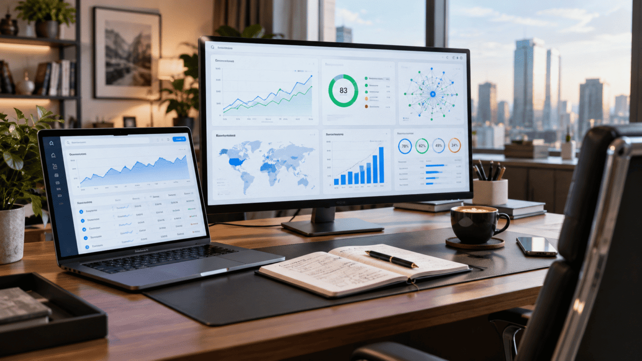 Modern SEO workspace with laptop and monitor displaying keyword research, analytics, performance charts, and backlink analysis dashboards.