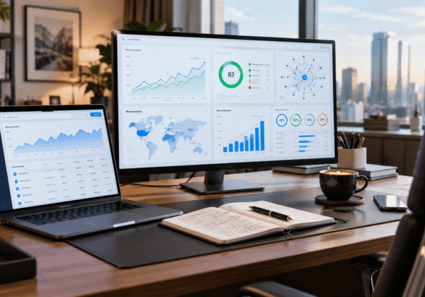 Modern SEO workspace with laptop and monitor displaying keyword research, analytics, performance charts, and backlink analysis dashboards.